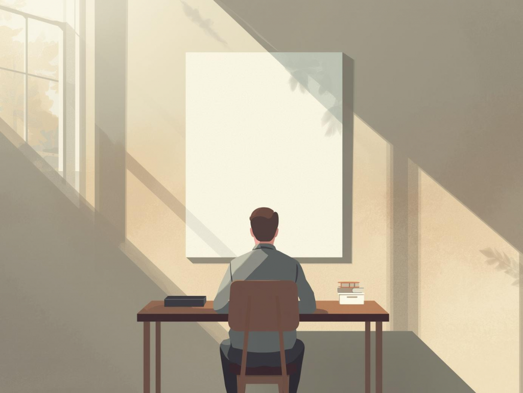 Autor sitzt vor leerer Seite, Licht fällt durchs Fenster – Symbol für den Beginn des Schreibprozesses. Buch schreiben