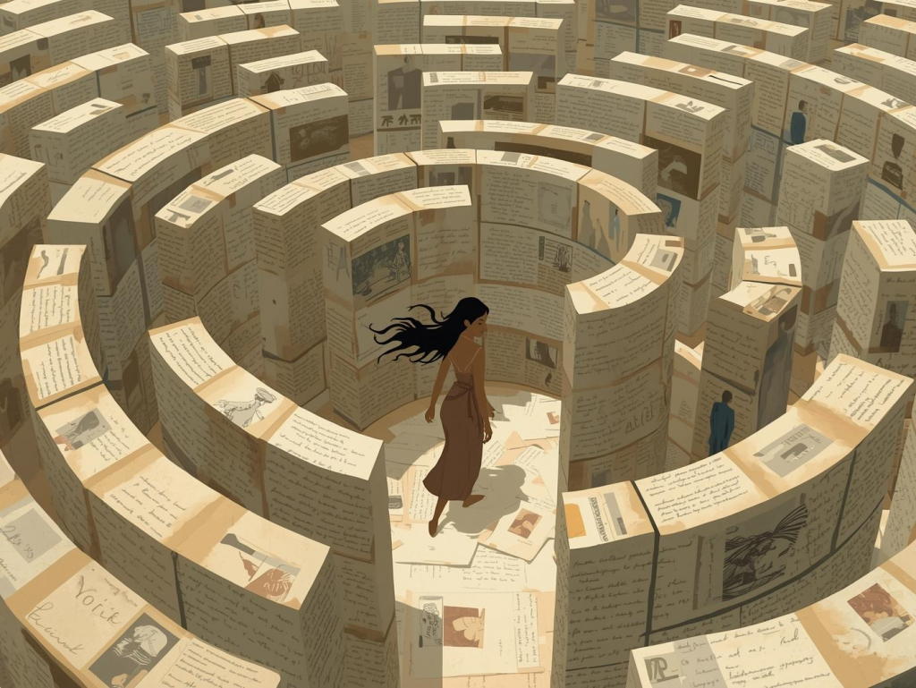 Illustration eines Autors im Labyrinth aus Buchseiten – Sinnbild für Aufschieben und Blockaden. Buch schreiben