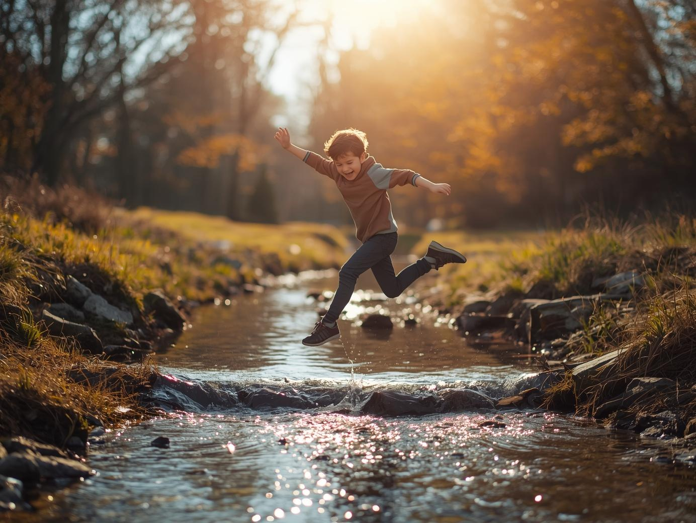 Kind springt mutig über Bach, Symbol für Kinder Selbstbewusstsein stärken