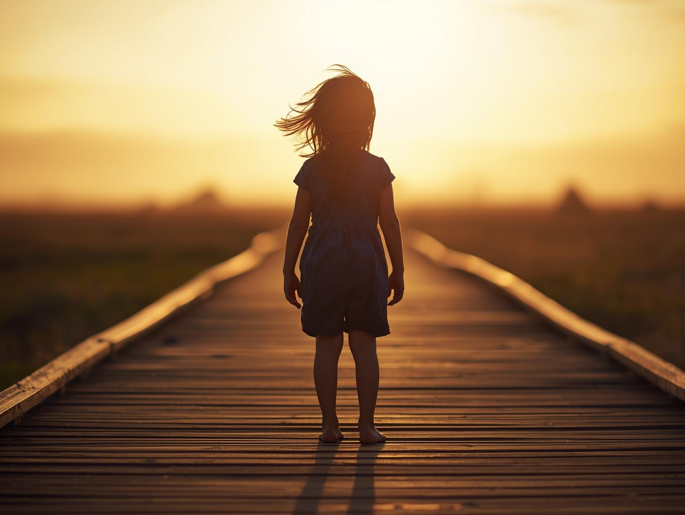 Mädchen steht auf Steg im Wind als Symbol für Selbstbewusstsein und Mut innere Stärke finden