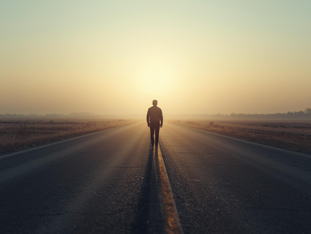 Mensch auf leerer Straße im Morgenlicht, Symbol für innere Freiheit