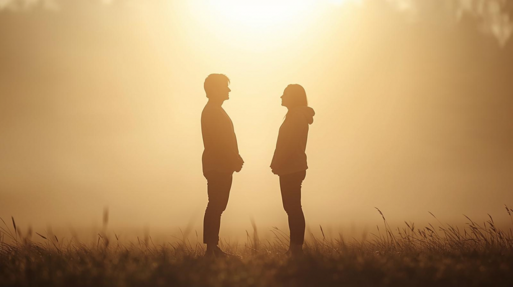 Zwei Menschen stehen sich ruhig gegenüber im warmen Morgenlicht – Symbol für wahre Liebe ohne Mangel, Bewusstsein und innere Fülle.